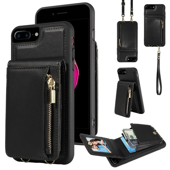 Feishell for iPhone 7 Plus/iPhone 8 Plus Crossbody Wallet Phone Case with Hand Strap & Shoulder Strap,Premium PU Leather RFID Blocking Card Slots Zipper Pocket Back Purse Kickstand Phone Case,Black