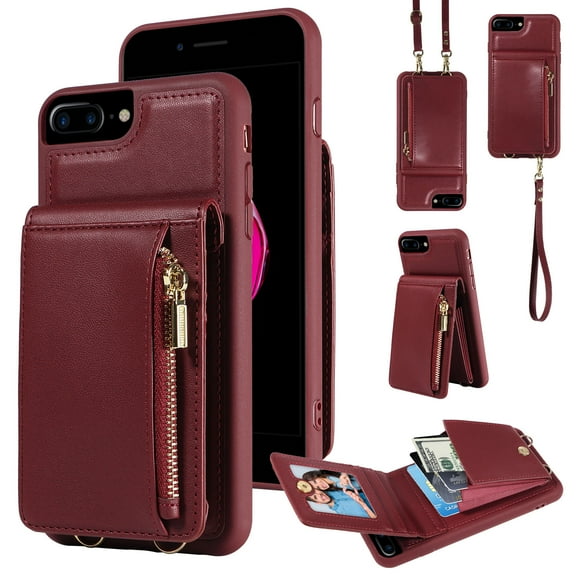 Feishell for iPhone 7 Plus/iPhone 8 Plus Crossbody Wallet Phone Case with Hand Strap & Shoulder Strap,Premium PU Leather RFID Blocking Card Slots Zipper Pocket Back Purse Kickstand Phone Case,Winered