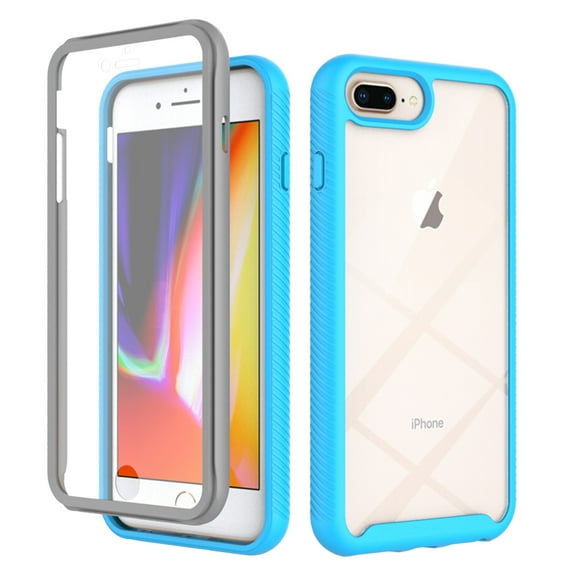 Feishell iPhone 8 Plus / 7 Plus Case Built-in Screen Protector Clear Rugged 360 Full Body Protective Shockproof Hard Back Soft TPU Defender Dual Layer Heavy Duty Bumper Anti-Scratch Cover, Blue