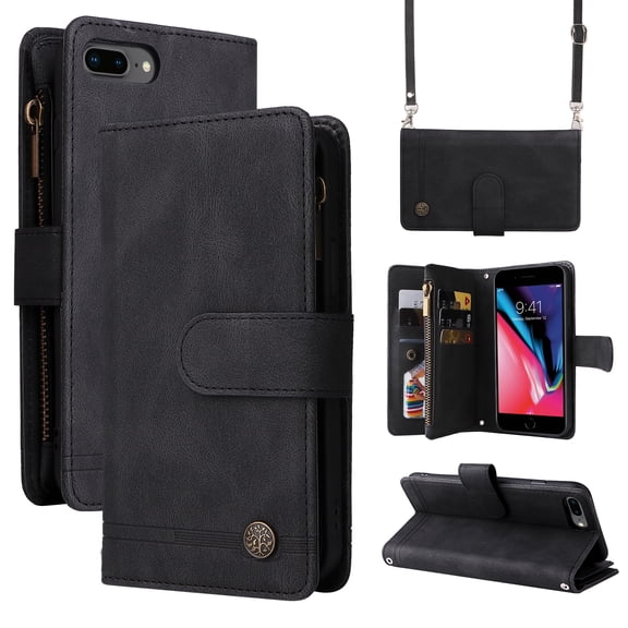 Feishell for iPhone 8 Plus/7 Plus 5.5 inch Zipper Wallet Case with Wrist Strap & Shoulder Strap,Premium PU Leather Magnetic Clasp Flip Holder Card Slots Crossbody Phone Case for Women Men,Black