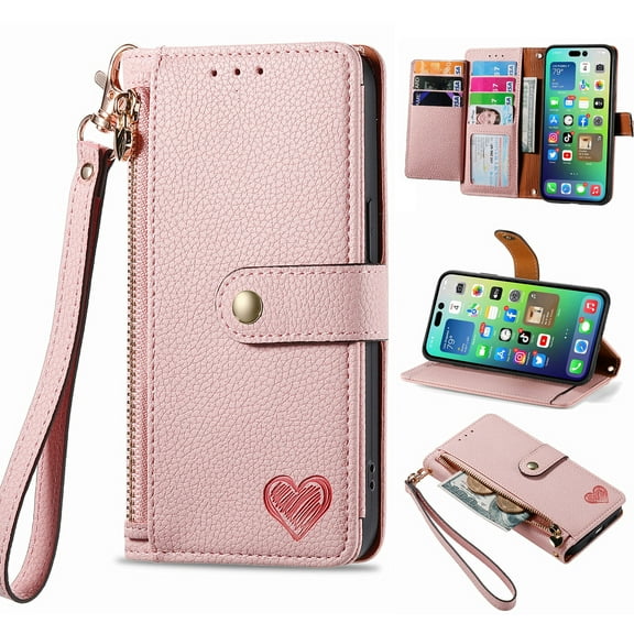 Feishell for iPhone 8 Plus/7 Plus Case,RFID Blocking Wallet Case for Women Men,Premium PU Leather Credit Card Holder Zipper Pocket Magnetic Buckle Flip Kickstand Phone Case with Wrist Strap,Pink