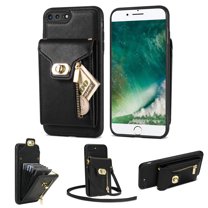 Feishell for iPhone 8 Plus/7 Plus Crossbody Zipper Wallet Phone Case,Premium PU Leather Kickstand Metal Buckle Credit Card Slots Shockproof Purse Phone Case with Detachable Shoulder Strap,Black