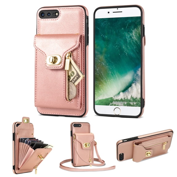Feishell for iPhone 8 Plus/7 Plus Crossbody Zipper Wallet Phone Case,Premium PU Leather Kickstand Metal Buckle Credit Card Slots Shockproof Purse Phone Case with Detachable Shoulder Strap,Rosegold