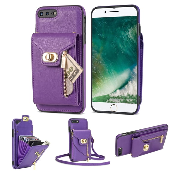 Feishell for iPhone 8 Plus/7 Plus Crossbody Zipper Wallet Phone Case,Premium PU Leather Kickstand Metal Buckle Credit Card Slots Shockproof Purse Phone Case with Detachable Shoulder Strap,Purple