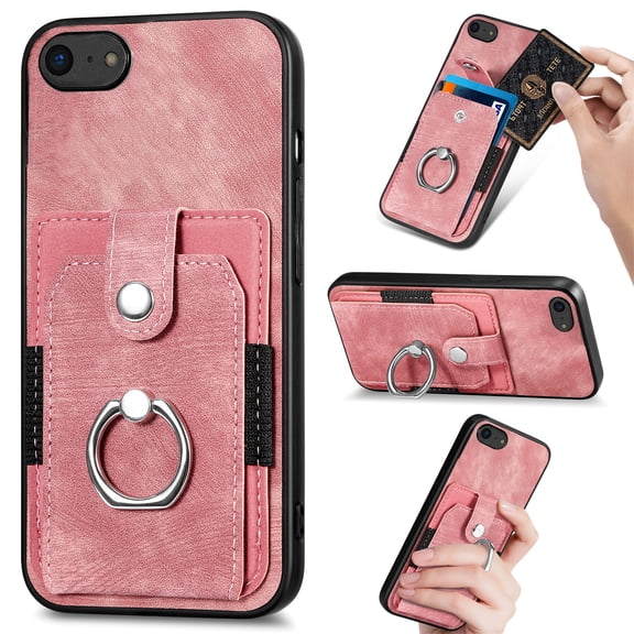 Feishell for iPhone 8 Plus / 7 Plus Wallet Case with Elastic Card Holder,Premium PU Leather Shockproof TPU Bumper 360° Rotation Finger Ring Holder Kickstand Anti-Scratch Protective Phone Case,Pink