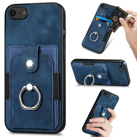 Feishell for iPhone 8 Plus / 7 Plus Wallet Case with Elastic Card Holder,Premium PU Leather Shockproof TPU Bumper 360° Rotation Finger Ring Holder Kickstand Anti-Scratch Protective Phone Case,Blue