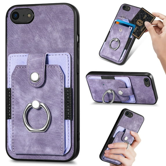 Feishell for iPhone 8 Plus / 7 Plus Wallet Case with Elastic Card Holder,Premium PU Leather Shockproof TPU Bumper 360° Rotation Finger Ring Holder Kickstand Anti-Scratch Protective Phone Case,Purple