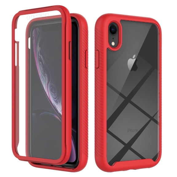 Feishell iPhone XR Case Built-in Screen Protector Clear Rugged 360 Full Body Protective Shockproof Hard Back Soft TPU Defender Dual Layer Heavy Duty Bumper Anti-Scratch Cover Case, Red