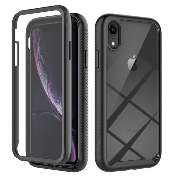 Feishell iPhone XR Case Built-in Screen Protector Clear Rugged 360 Full Body Protective Shockproof Hard Back Soft TPU Defender Dual Layer Heavy Duty Bumper Anti-Scratch Cover Case, Black