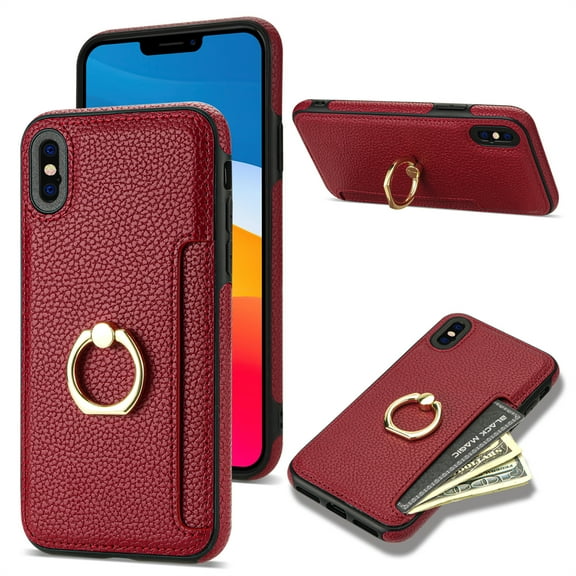 Feishell for iPhone XR Wallet Case with Card Holder, 360掳Rotation Ring Holder Kickstand, Premium PU Leather RFID Blocking Card Pocket Protective Cover For iPhone XR, Red