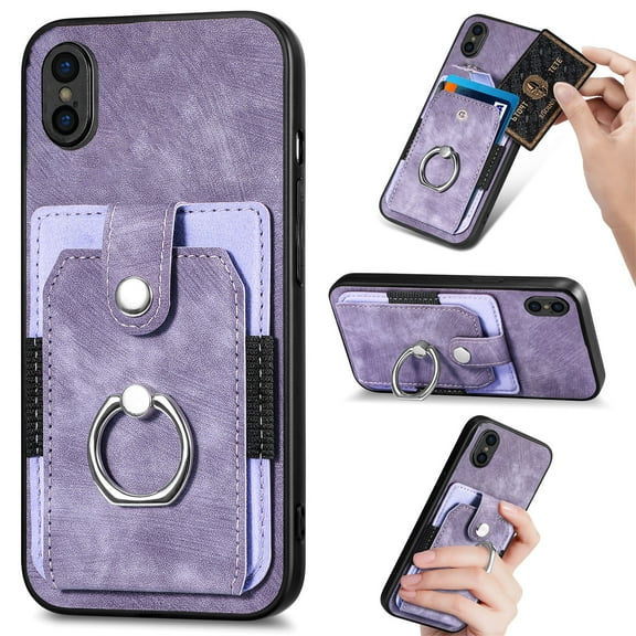 Feishell for iPhone XR Wallet Case with Elastic Card Holder,Premium PU Leather Shockproof TPU Bumper 360° Rotation Finger Ring Holder Kickstand Anti-Scratch Protective Phone Case,Purple