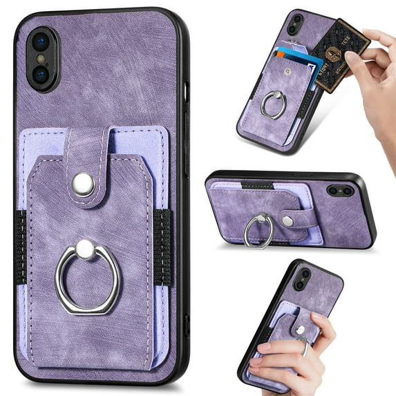 Feishell for iPhone XS Max Wallet Case with Elastic Card Holder,Premium PU Leather Shockproof TPU Bumper 360° Rotation Finger Ring Holder Kickstand Anti-Scratch Protective Phone Case,Purple