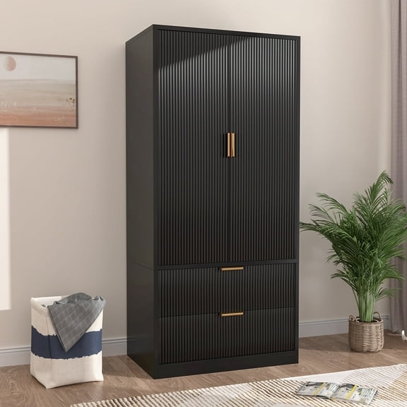 Feishominoo 2 Doors Armoire Wardrobe Closet, Flutet Wooden Wardrobe Clothes Storage Cabinet Organizer with Hanging Rod and 2 Drawers for Bedroom, Black