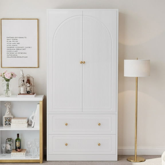 Feishominoo 2 Doors Wooden Armoire Wardrobe Closet, Bedroom Clothes Organization Storage Cabinet with Drawers and Hanging Rod, White