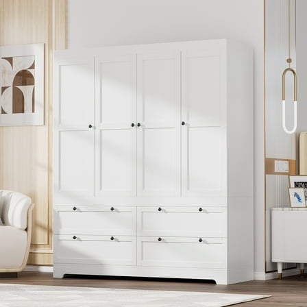 Feishominoo 4 Door Wardrobe Armoire Closet, 71"H Modern Modular Wooden Clothes Wardrobe Storage Cabinet with Hanging Rods & Drawers, White