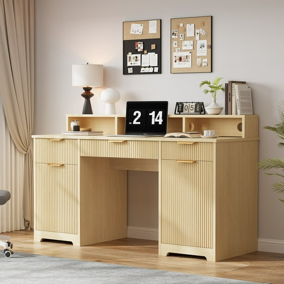 Feishominoo 59" Executive Computer Desk with File Cabinets and Storage Drawers, Modern Home Office Writing Desk with Power Outlets and Monitor Stand, Oak