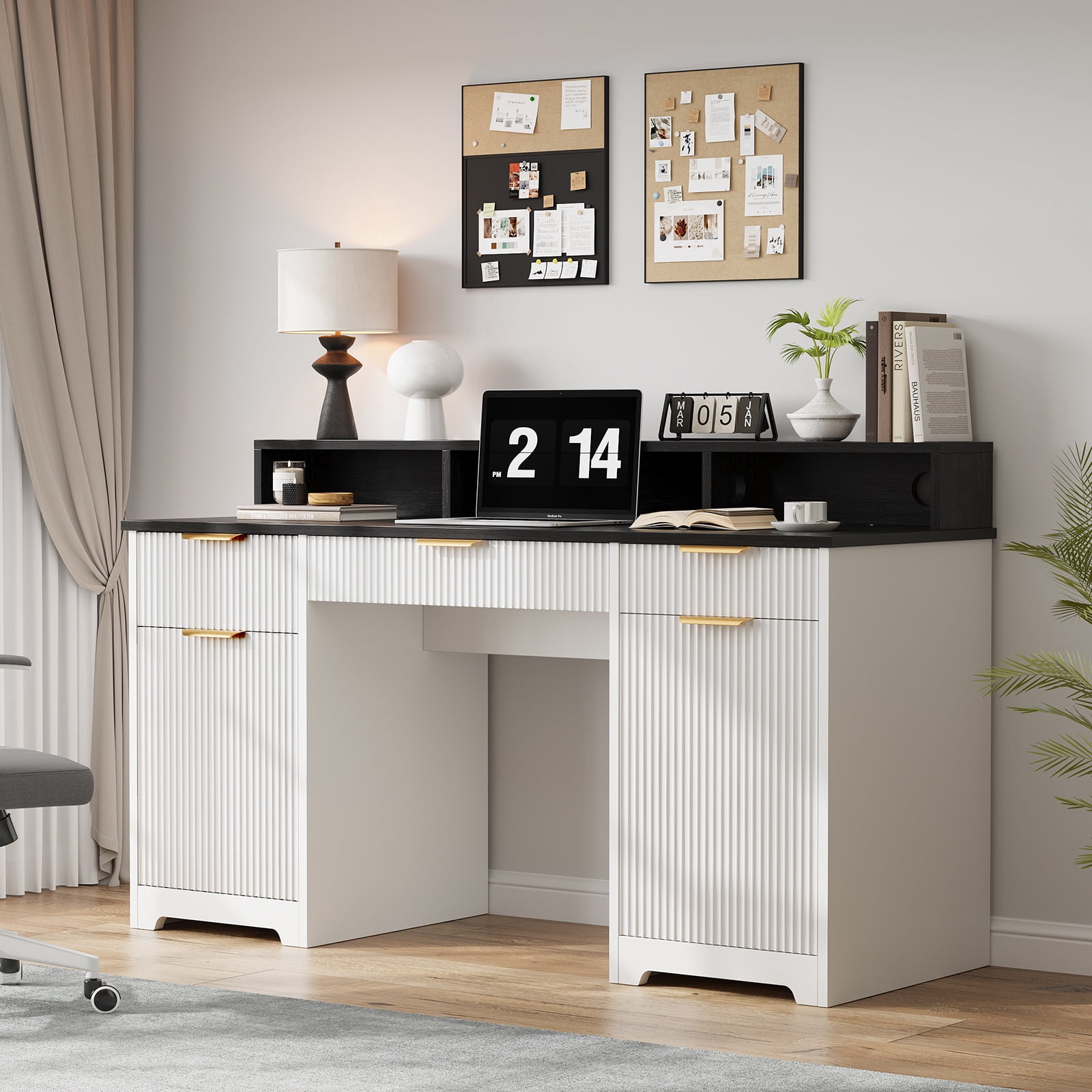 Feishominoo 59" Executive Computer Desk with File Cabinets and Storage Drawers, Modern Home Office Writing Desk with Power Outlets and Monitor Stand, White & Black