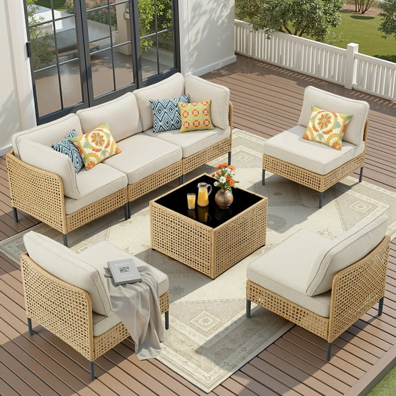 Feishominoo 7-Piece Outdoor Modular Sectional Sofas, Wicker Patio Conversation Furniture Set with Glass Top Coffee Table, Cushions Included - Natural/Beige