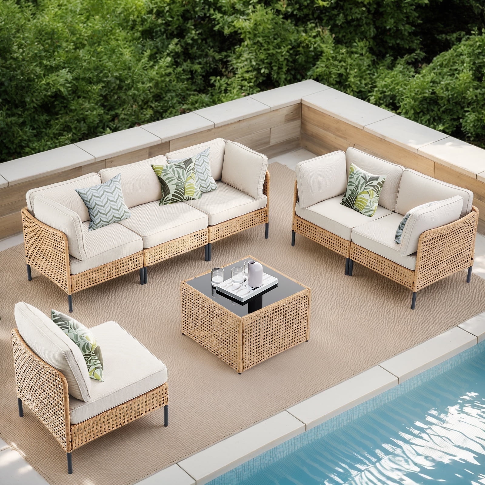 Feishominoo 7 Piece Patio Sectional Furniture Sets, All Weather Wicker Outdoor Conversation Sets with Coffee Table and Beige Cushions, for Balcony, Porch, Backyard