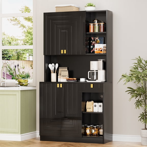 Feishominoo 70" Kitchen Pantry Cabinet with Storage, High-Glossy Pantry Hutch with Charging Station for Kitchen Dining Room, Black
