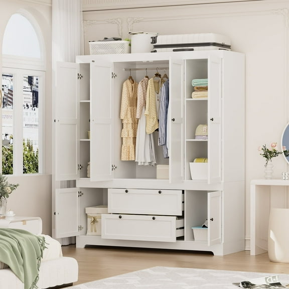 Feishominoo 71"H 4 Door Wooden Wardrobe Closet, Modern Modular Clothes Wardrobe Armoire Storage Organizer Cabinet with Hanging Rods & Drawers, White