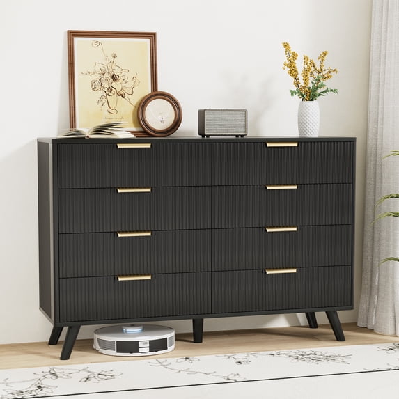 Feishominoo Fluted Dressers with 8 Drawers for Bedroom, Home Boho Wide Wood Chest of 8 Drawers Storage Organizer for Living Room Hallway Nursery, Black