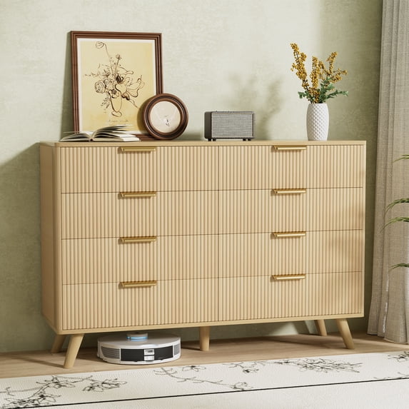 Feishominoo Fluted Dressers with 8 Drawers for Bedroom, Home Boho Wide Wood Chest of 8 Drawers Storage Organizer for Living Room Hallway Nursery, Oak