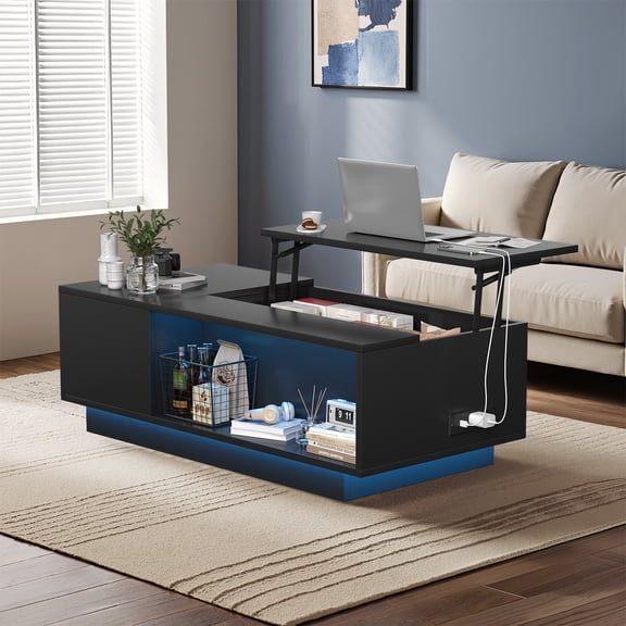 Feishominoo Lift Top Coffee Table with LED Lights for Living Room, Modern Home High Gloss Coffee Center Table with Charging Station and Storage Drawer, Black