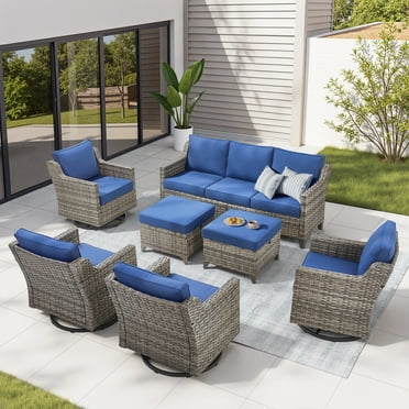 Feishominoo Patio Swivel Rocker Chairs Sofa Set of 7 - All-Weather PE Wicker Outdoor Rocking Glider Patio Chairs, Sofas and Ottomans, Outdoor Conversation Furniture Sets - Navy