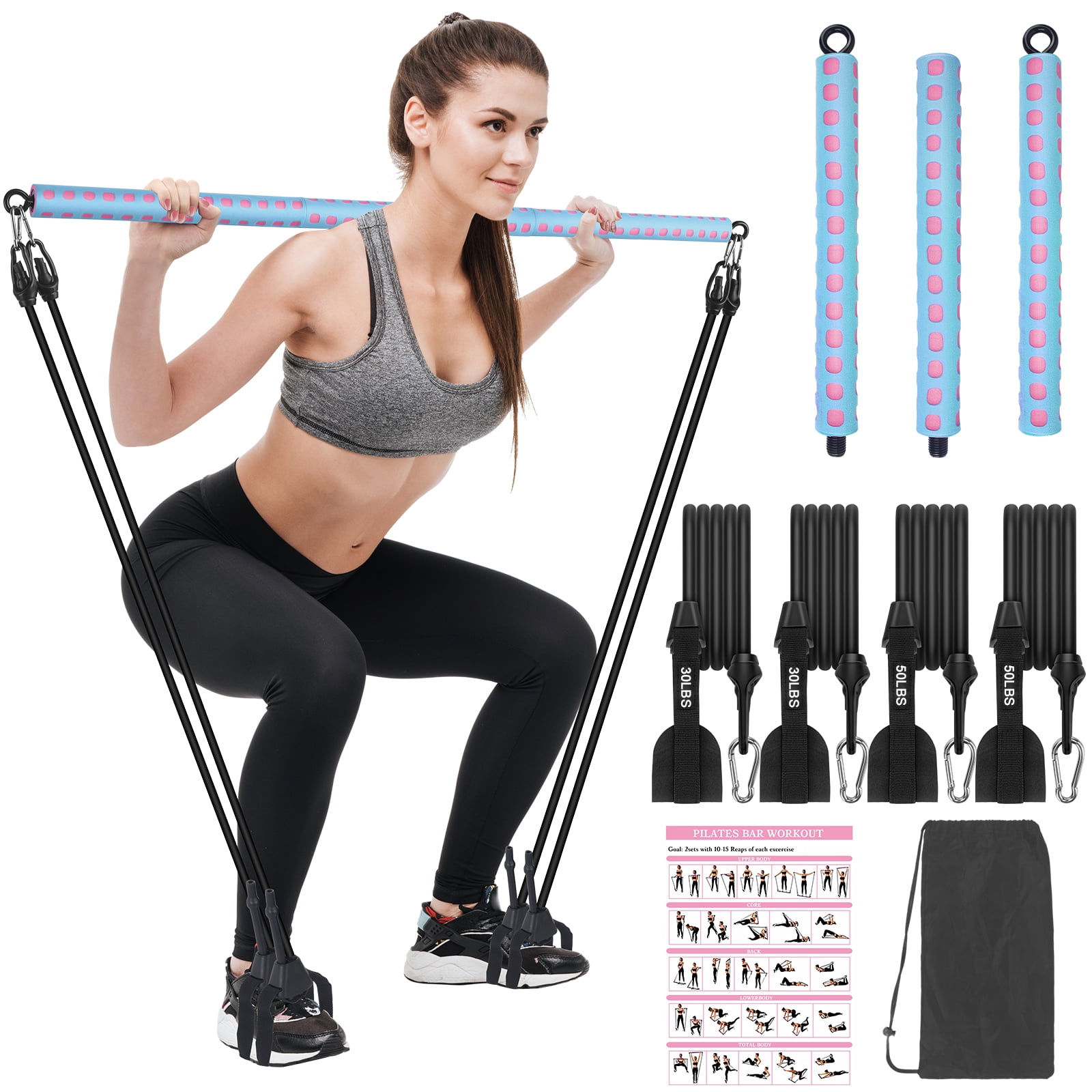 Adjustable Pilates Bar with Resistance Bands, Portable Pilates Bar Stick  for Home Workout, Adjustable Pilate Bar for Gym Fitness，Purple