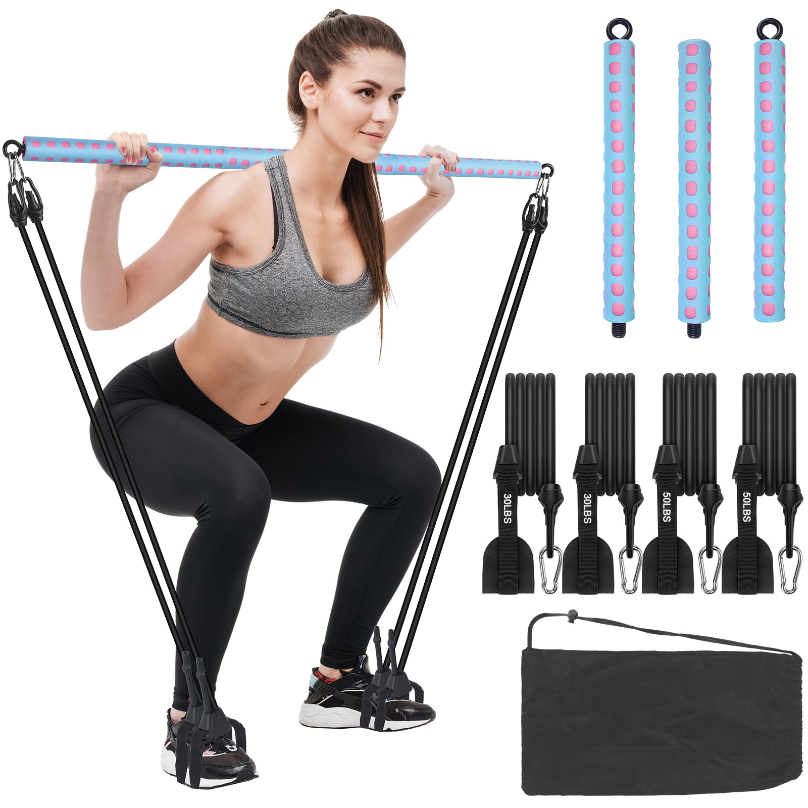 Feisi Sport Adjustable Pilates Bar Kit with 4 Resistance Bands