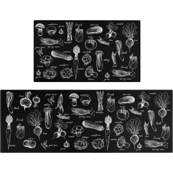 Feisina Black Kitchen Mat Set of 2,Kitchen Rugs with Vegetable Prints Drawings,Black Kitchen Rugs and Mats Non Skid Washable,Kitchen Runner Rugs with Rubber Backing (Mushroom 17"x48"+17"x30")