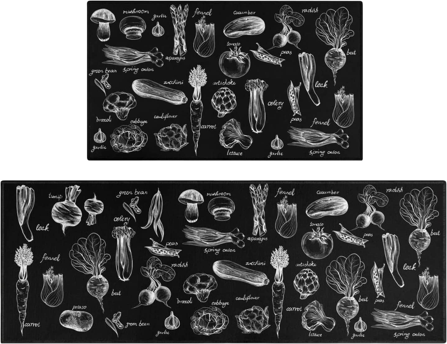 Feisina Black Kitchen Mat Set of 2,Kitchen Rugs with Vegetable Prints