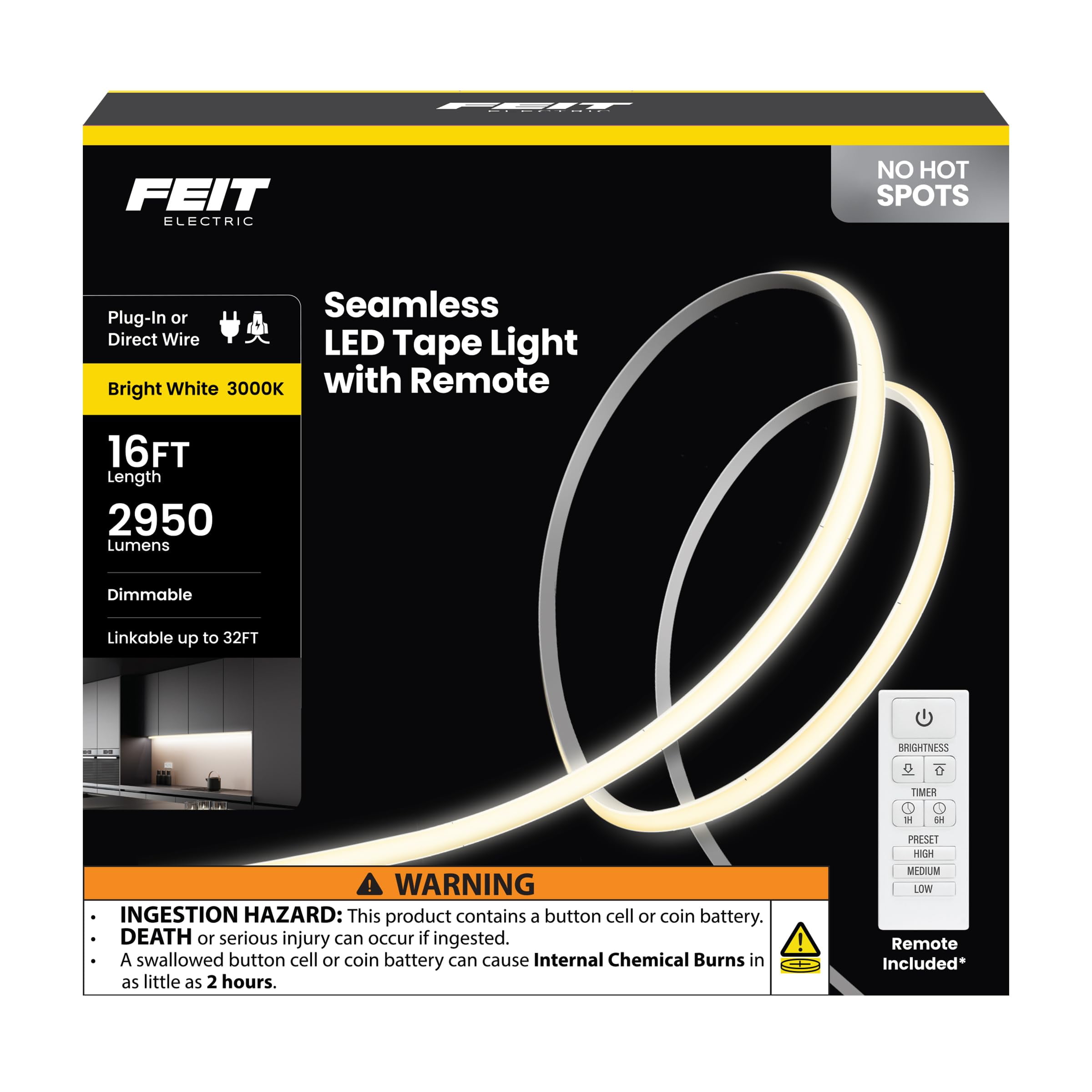 Feit 3014057 LED 16 ft. Plug-In LED Tape Light, Bright White