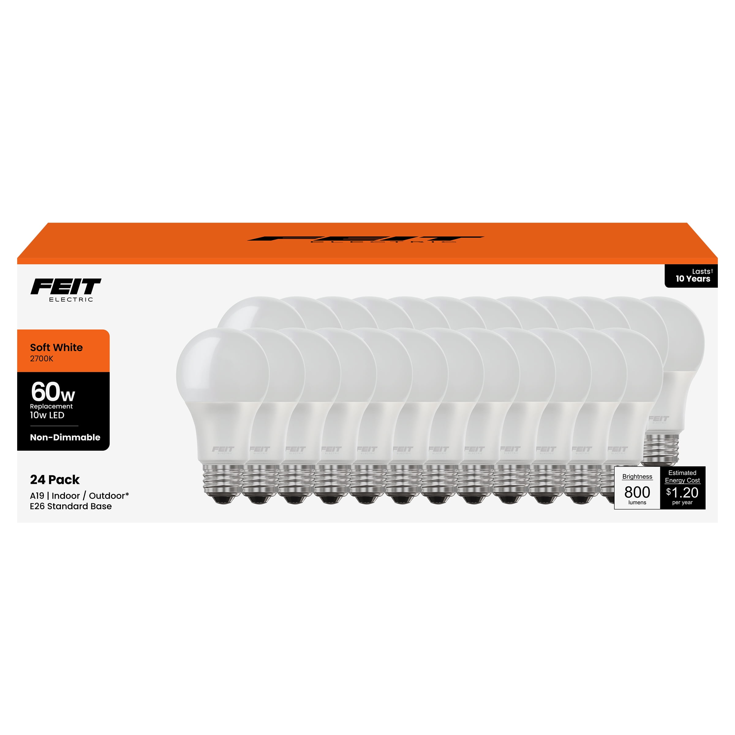 Feit Electric A19 LED 10W (60W Replacement) Soft White (2700K), Medium E26 Base, Non-Dimmable Light Bulb 24 Pack