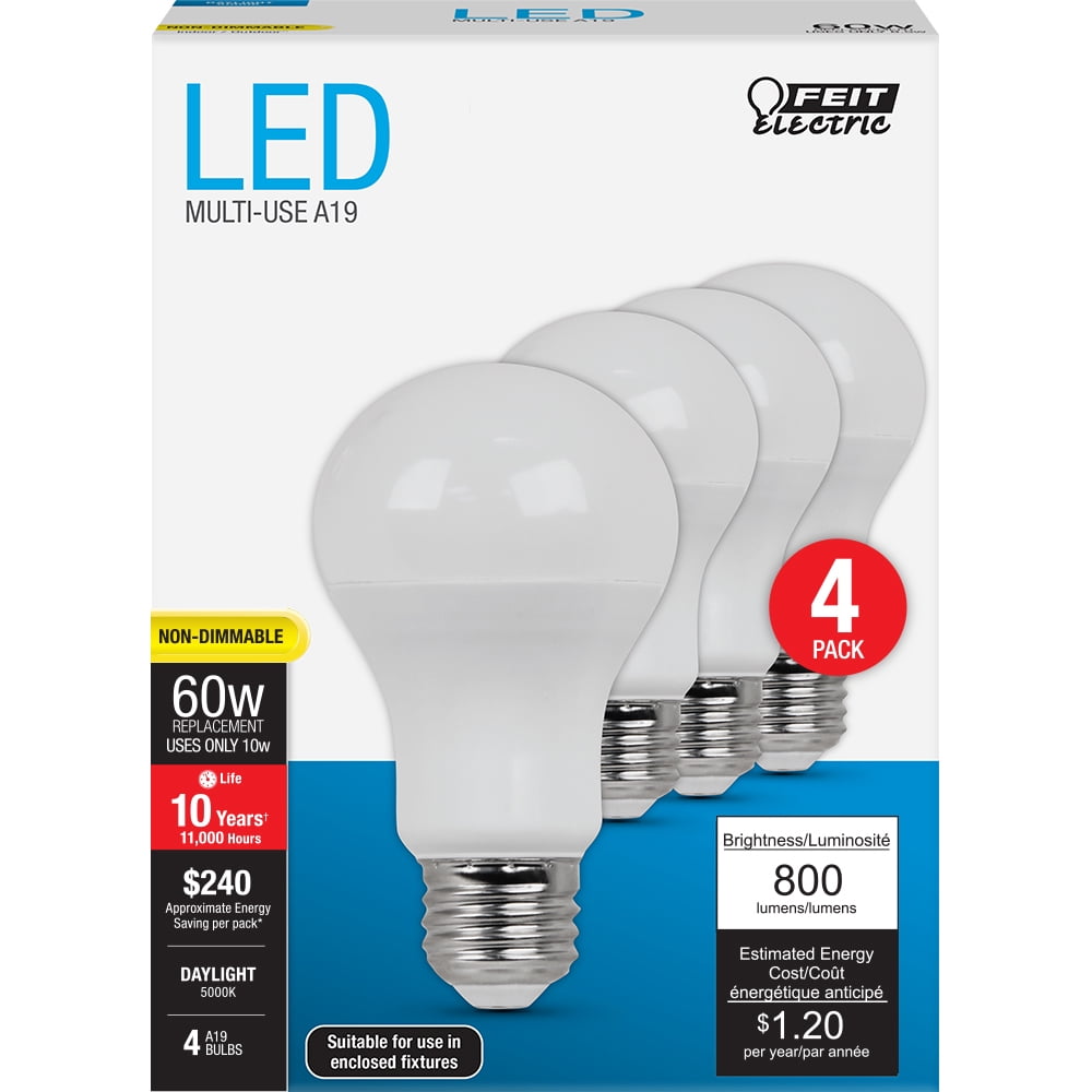 Feit Electric 10 Watt (60W Equivalent) 5K Daylight A19 Non-Dimmable Gen Purpose LED Light 4 Pack