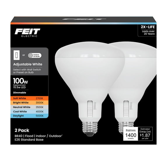 Feit Electric 100W BR40 E26 Adjustable Equivalence Medium LED Bulb, White - Pack of 2