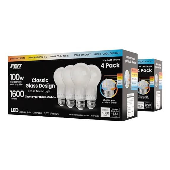 Feit Electric 100W Replacement 5-CCT LED Classic Glass A19 Bulbs, 4-pack