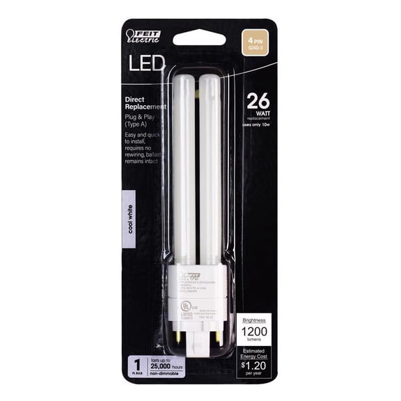 Feit Electric 12 Watt (26 Watt Equivalent) Cool White PL Quad Pin Base GX24Q-3 LED Light Bulb