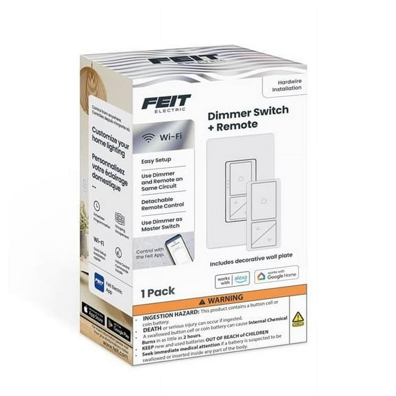 Feit Electric 3019180 200W Paddle Smart Enabled Dimmer Switch with Remote Control, White