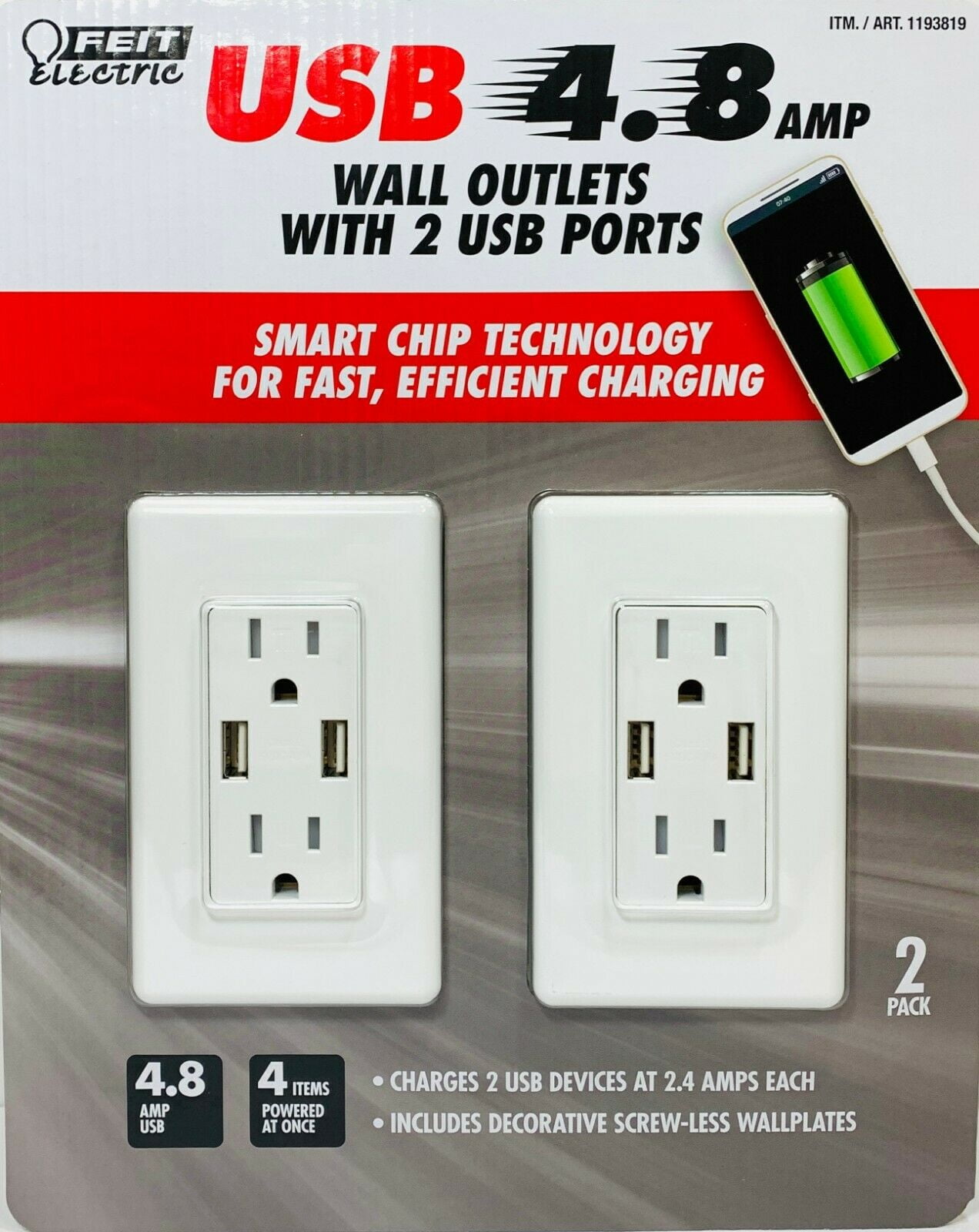 Feit Electric 2PK Wall Outlets With 2 USB Ports 4.8 Amps, 120 V 2 Pack