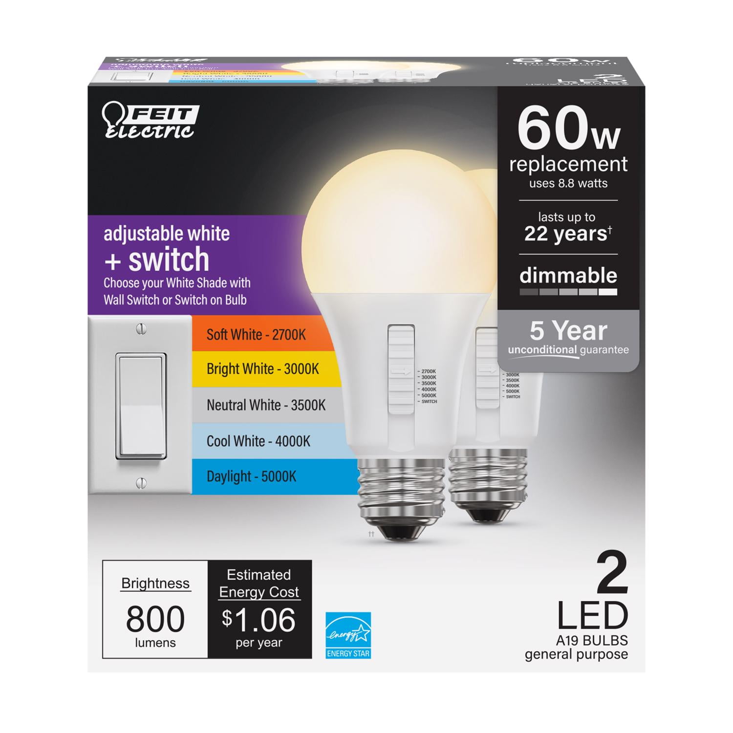 Feit Electric White Dimmable Color Changing LED Light Bulb 2-Pack