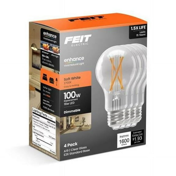 Feit Electric 3018649 100W A19 E26 Medium Equivalence Filament LED Bulb, Soft White - Pack of 4