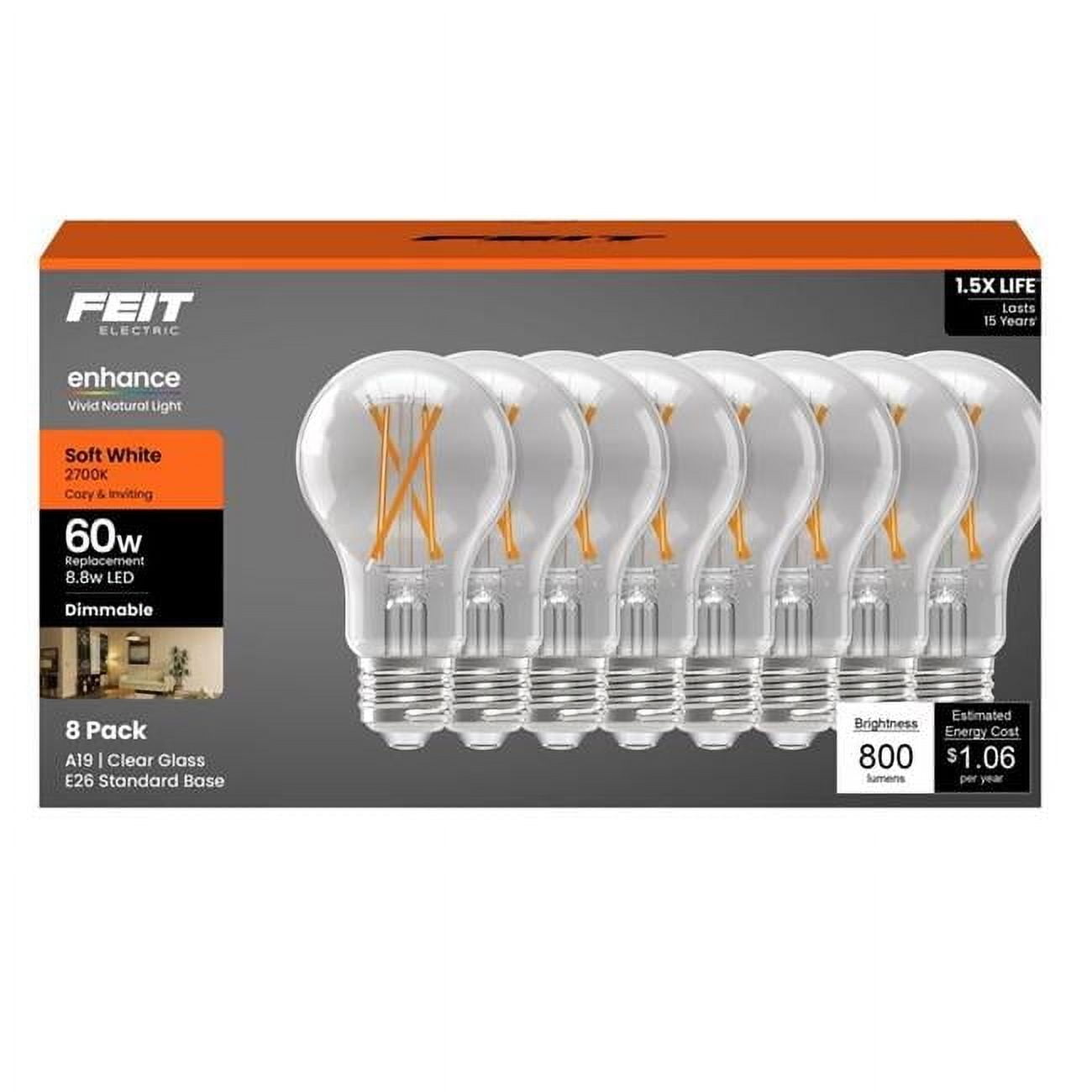 Feit Electric 3018665 60W A19 E26 Medium Filament Equivalence LED Bulb, Soft White - Pack of 8