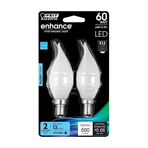 Feit Electric 3911252 Enhance 5.5W Flame Tip Filament LED Bulb, 500 Lumens - Daylight