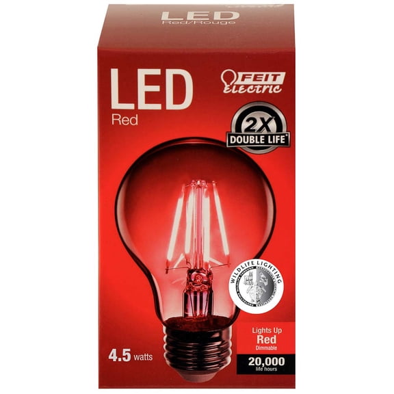 Feit Electric 4.5-Watt Dimmable Red Filament Glass, A19 Clear LED Light Bulb E26 Medium Base