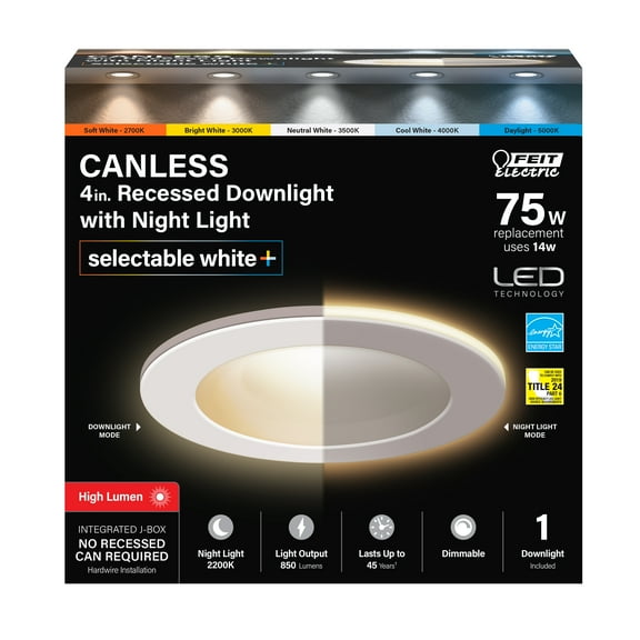 Feit Electric 4" White Tethered J-Box Selectable White (5CCT) LED Downlight with Night Light Mode