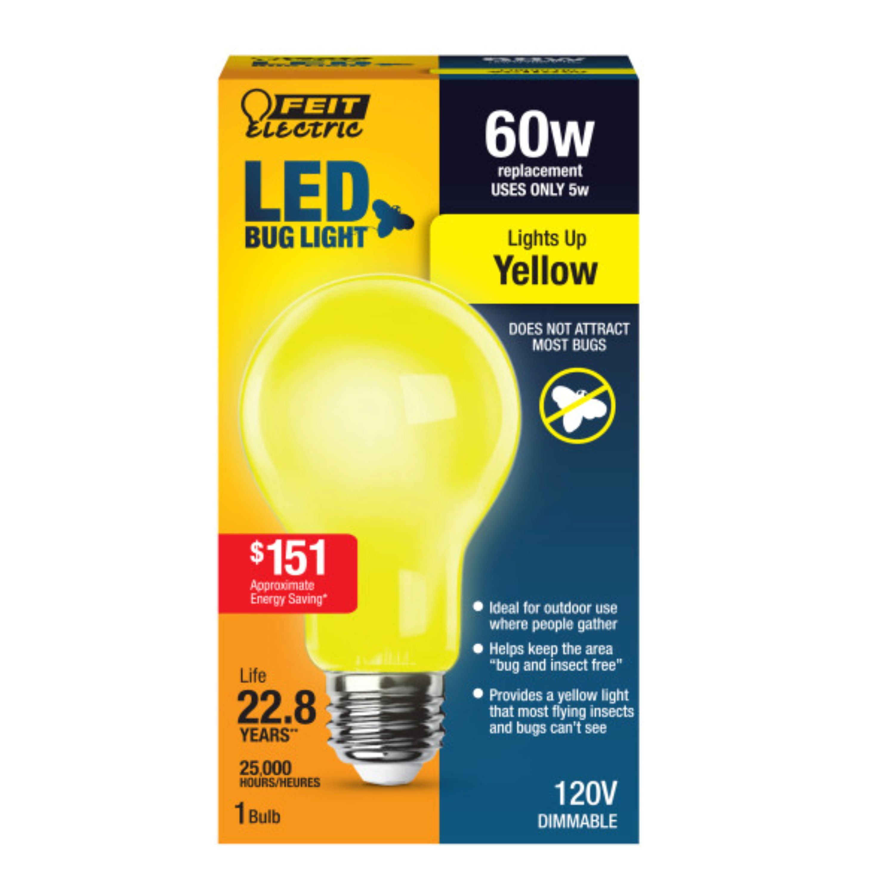 Feit Electric 5W (60W Equivalent) A19 E26 Base Yellow LED Bug Light