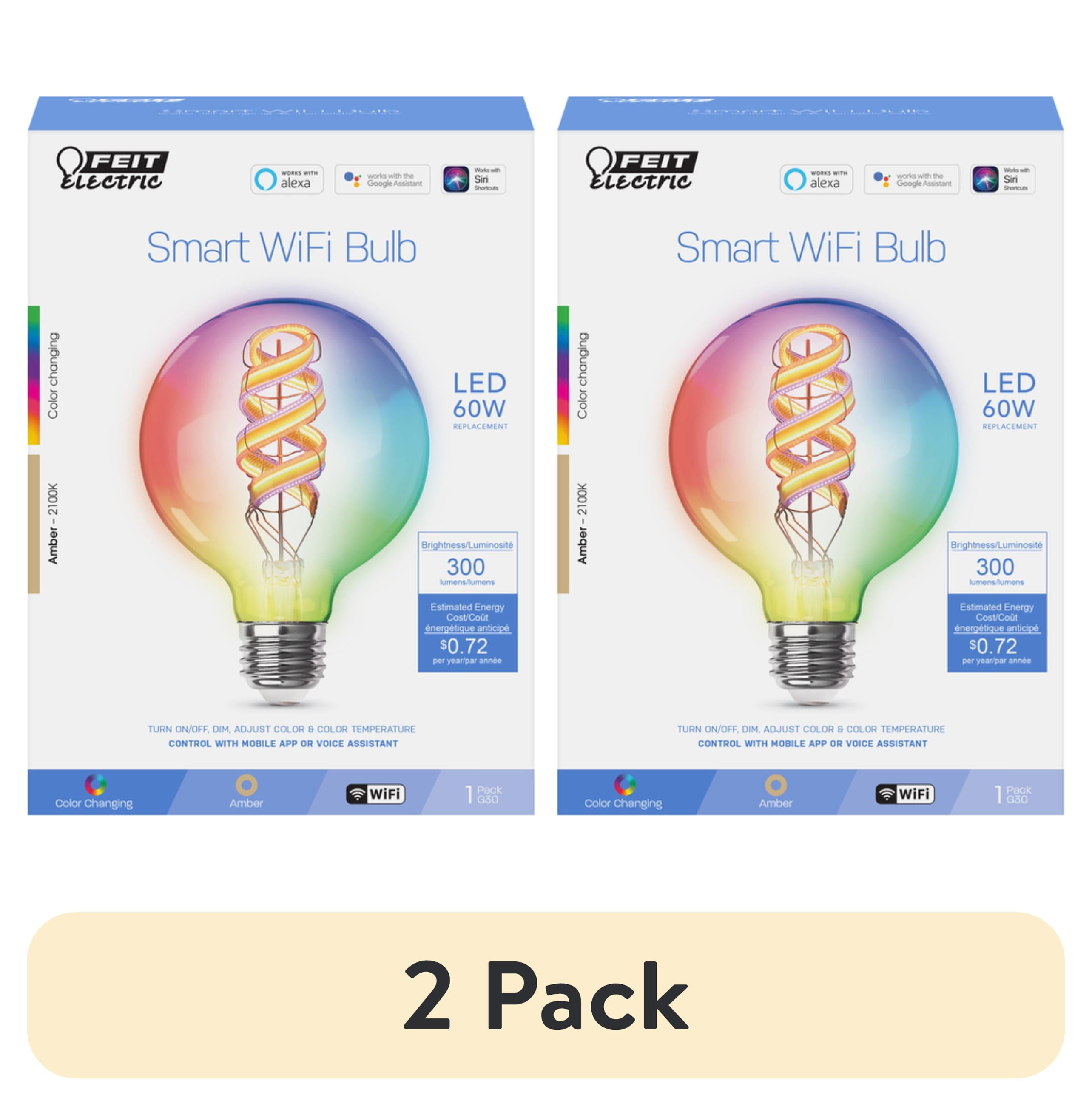 (2 pack) Feit Electric 6.5W (60W Equivalent) G30 E26 Color Change Spiral Filament Vintage Deco Smart LED