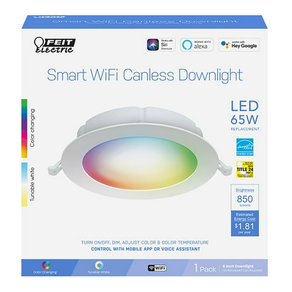 Feit Electric 6" White Tethered J-Box Canless Recessed LED Downlight Alexa Google